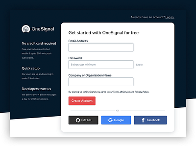OneSignal Signup Form app button cta dashboard developer form growth interface login oauth push push notifications saas sign up signup ui website