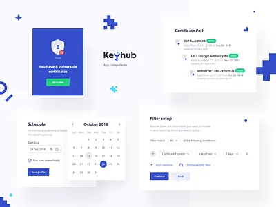 Keyhub: Cards and Email app calendar card certificate path certificates design system enterprise filter filter setup monitoring path platform scan schedule ssl status tls web web app web page website