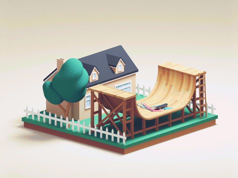 Garden half-pipe 3d animation c4d garden halfpipe house illustration isometric ramp skate skateboard