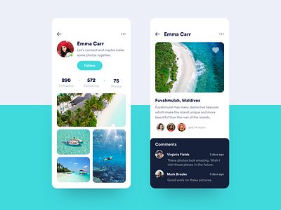 Travel Photo App adventure app beach destination ios iphone likes mobile profile travel trip ui ux vacations
