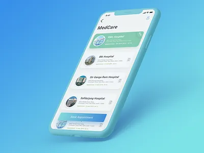 Hospitals Listing Medical App #2 Screen app appointment care clean colourful design doctor doctor app hospital interface ios listing minimal mobile app mobile ui nearby ui unique ux vector