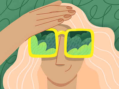 Forest View 2d branding charachter darkcube design digitalart drawing flat design girl hand illustration jungle landing page pattern reflections trees ui vector web woman