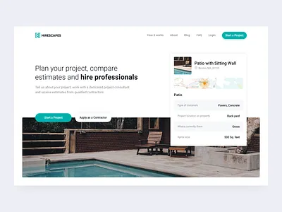 Hirescapes Landing cards clean design desktop green hardscape hero image landing layout map marketplace minimal modern navigation project sketch viewport website white