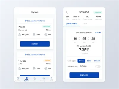 Lending Mobile App - In Bidding Screens app app design auction bid bidding clean finance finance app financial fintech investing lending mobile mobile app mobile design money real estate ui user interface ux