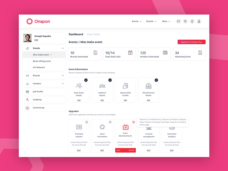 Dashboard UI - Onspon branding button dashboard design dribbble event icon icons logo manage managing procreator sketch typography ui user interface ux vector