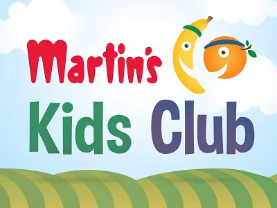 Martin's Kids Club banana branding cards childrens illustration cpg design food fruit grocery icon design illustration illustrator kids logo martins orange produce retail signage supermarket