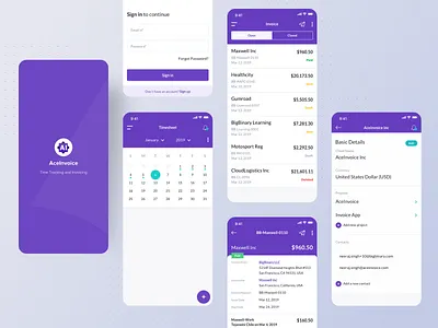 Aceinvoice aceinvoice calendar purple timetracker ui ui design ux ux design