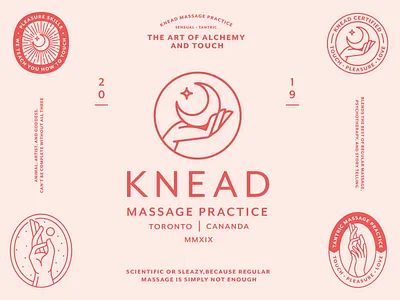Knead Massage Practice (Part.2) 2d badge branding design flat hand icon illustration lockup logo massage massage therapy moon night patch red star type typography vector