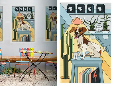 Poster for Coffee Place best cafe character coffee colors dog illustration interior lamp lines pastel poster style vector