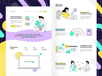 New landing design (Mailtrap, people, new color palette) character clean concept design flat graphic green icon illustration interface light lilac simple vector vivid