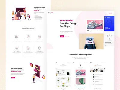 StoryHub - Creative Landing Page For Blog's agency blog blogger blogging clean concept creative design gatsby illustration instagram ios landing page minimal blog personal portfolio post react red white