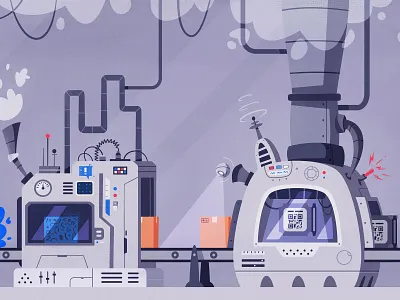 Conveyor pt.2 android art box cartoon comics design drone factory flat future futuristic illustration retro robot sci fi steam tech vector work xray