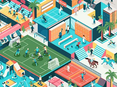 Sports Entrepreneurship And Innovation activities badminton character city football gym hijab illustration islam isometric marathon playground saudi arabia soccer sport sports tennis vector workout