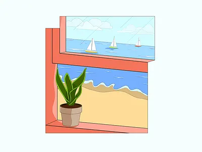 Breathe Crisp. 2d beach branding cartoon clean design drawing flat graphic icon illustration logo minimal plant poster sailboat simple sketch vector window