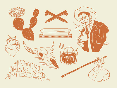 Civil Goat Extension Illustrations bandana cactus civil goat coffee roasters coffee cow skull cowboy hand drawn harmonica illustration merchandise nomad railroad traveler west texas