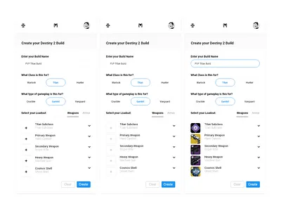 Destiny Meta Building Forms adobexd destiny 2 destiny meta exotics form malfeasance material ui mobile mobileweb selection ui ui design