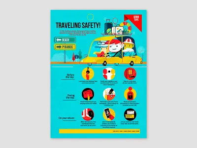 Traveling Safety!, spot illustration and icons character design digital illustration editorial illustration employee magazine family traveling freelance illustrator icons in house magazine spot illustration springbreak summer holidays vector icons