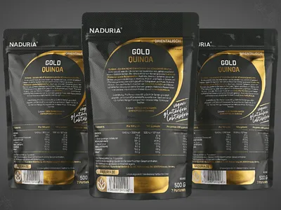 Quinoa Gold / Pouch Prototype & Label Design Back 3d bio black creative gold halftone health label design logo modelling natural package design pantone print rendering seed spotuv superfood texture typography