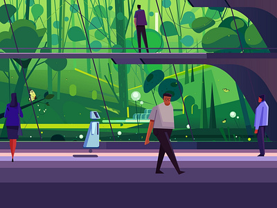 Future cities. 2d after effects animation branding business character design digital green illustration illustrations landscape motion graphics mountains people plants robot technology trees vector