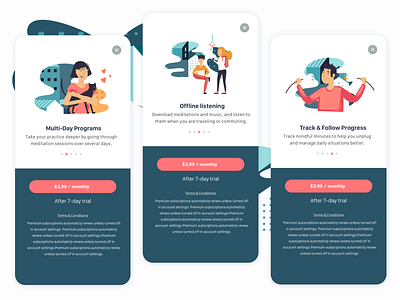 Subscription screen courses free trial health ios learning meditation onboarding premium subscription terms ui design unplug