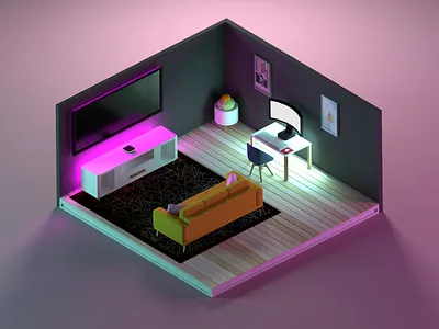 Neon Office 3d aesthetic b3d blender design illustration isometric low poly neon office