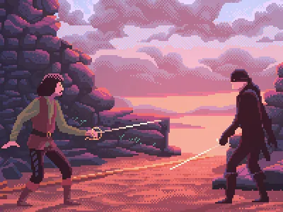 Princess Bride 8bit digital artist duel fantasy film game artist inigo montoya pirate pixelart princess bride print design retro romantic sunset swords videogame
