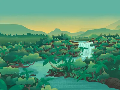 AskMaryJ - Web Banner Background 2d background design forest green illustration landscape layers mountains parallax river tropical waterfall web banner website