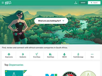 AskMaryJ - Website Banner 2d background character design forest green hero illustration landscape layers marijuana mascot mountains parallax river superhero tropical waterfall web banner website
