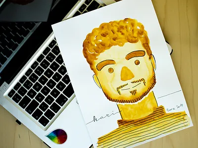 Hari black illustration ink portrait quinacridone gold traditional art watercolor
