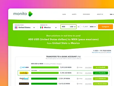 Results page of a money transfer comparator branding flat money transfer monito startup swiss ui ux webdesign