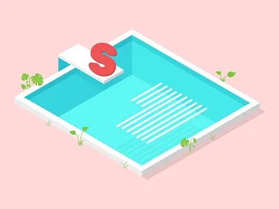 Divecap dropcap editorial flat illustration isometric isometric design monstera plants pool summer vox media