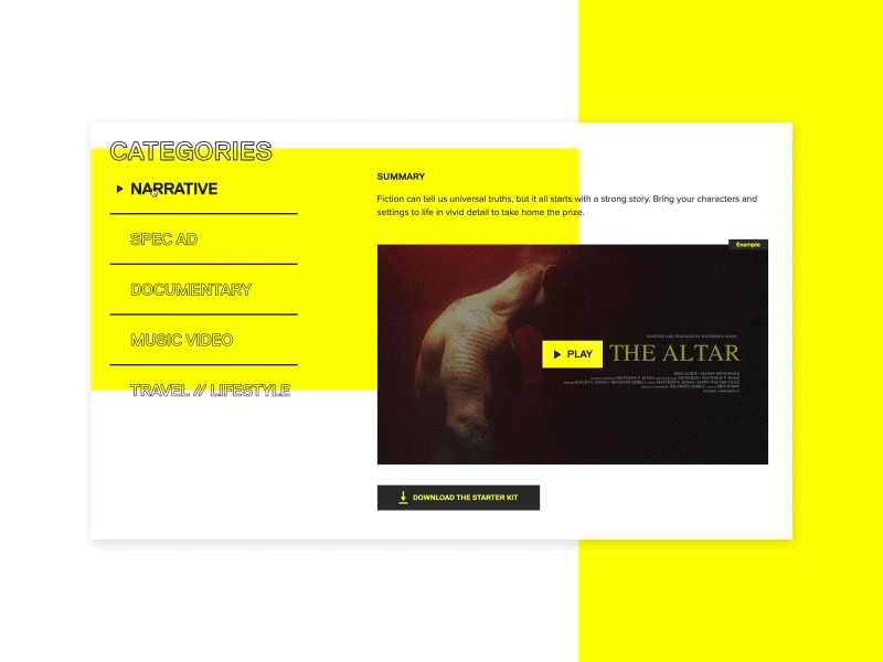 Musicbed Challenge Categories categories category film filmmaker music uxui uxuidesign video webdesign website white yellow