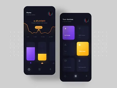 Smart Home Mobile App app clean colors dark dark ui design gradient ios light minimal mobile purple smart home ui wifi yellow