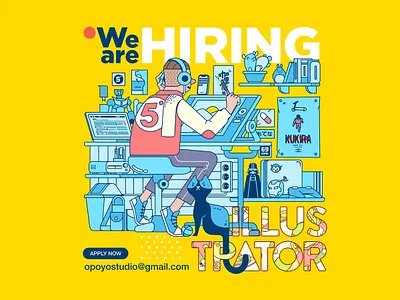 The Illustrator branding cat character design desk hiring illustration illustrator monochrome people personal poster simple ui vector work workspace
