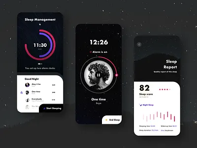 Sleep management app app black black and white clock design illustration landscape music sleep starry sky ui ux