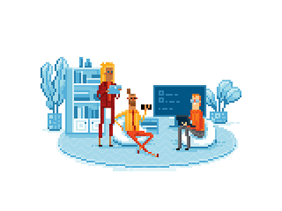 Office people in pixel art businessmen gadgets illustration office pixel art