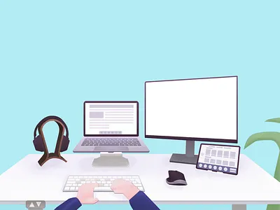 Desk setup illustration blogging desk setup first person perspective illustration macbook pro office photoshop point of view pov product manager sketchapp vector working