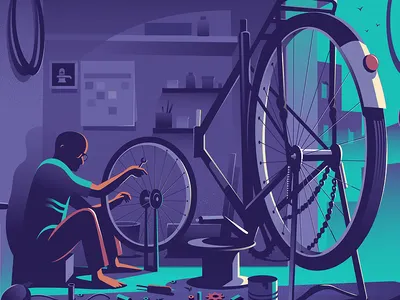 Mending the wheel bangalore bicycle fixing illustration india mending parts repair ride story wheel wide angle