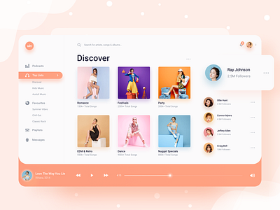 Music Player album app clean dashboard design desktop gradient light music play player playlist podcast radio sidebar simple slider songs spotify web