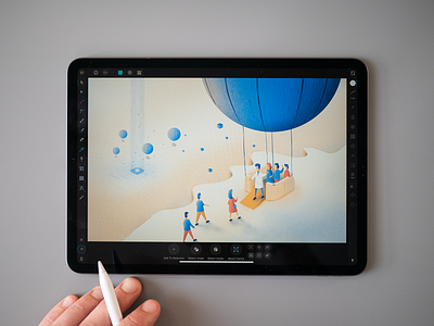 Blog post illustration affinity affinitydesigner ai artificialintelligence blog post employees hot air balloon illustration journey landing page marketing medicine people team