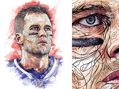 1-day portrait 'Tom Brady' art detail drawing editorial editorial illustration eyes face goat hand drawn illustration new england patriots nfl pen pencil portrait quarterback superbowl tom brady watercolor watercolour
