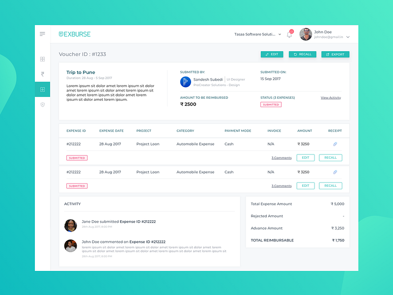 Voucher Details Page - Exburse design details finance logo management procreator reimbursement sketch ui user interface ux vector vouchers