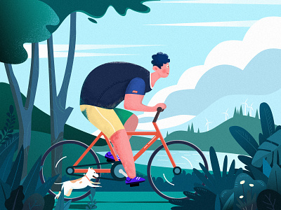 Weekend Cycling bicycle cycling design dog illustration motion mountain riding summer tree ui windmill