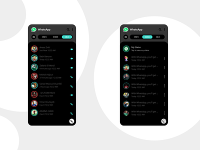 Status & Calls Whatsapp App REDESIGN dark mode animation app app design branding call calls dark dark mode design flat illustration logo mode status type typography ui ux vector whatsapp