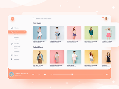 Music Player album app clean dashboard design desktop gradient light music play player playlist podcast radio sidebar simple slider songs spotify web