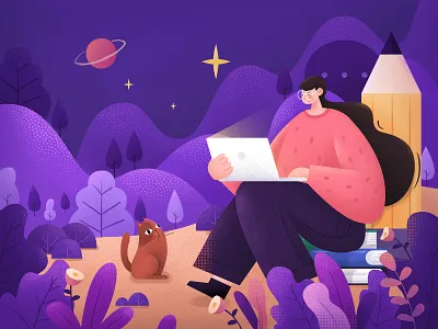 work book cat girl hill illustration pencil pets plant work