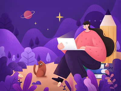 work book cat girl hill illustration pencil pets plant work