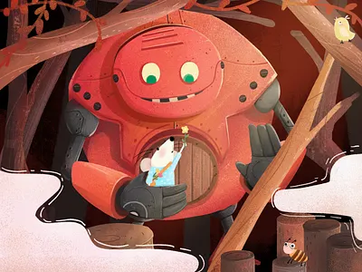 First encounter 动物 插图 机器人 森林