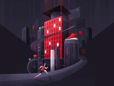 Runners University app art buildings color design drawing illustration red run school sport ui university