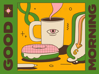 Morning Persistence bagel clock coffee illustration melting morning